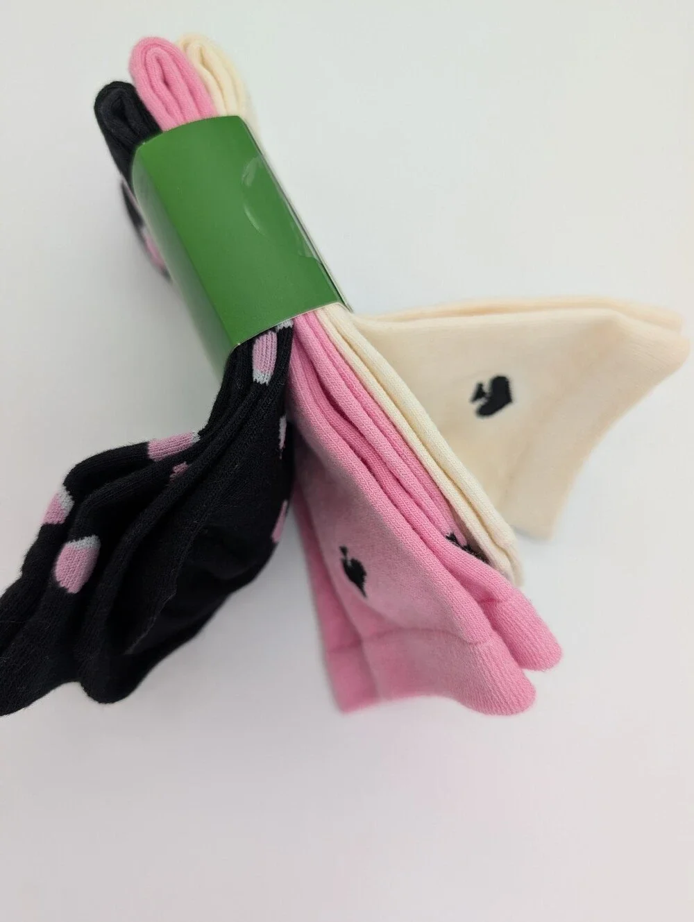 Kate Spade New York 3 Pack Set Crew Socks One Size Black Polka Dot/ Pink / Ivory